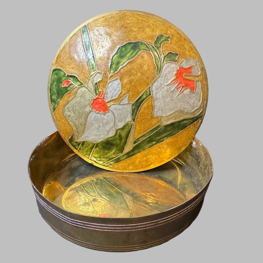 VTG 6” Hand Etched Brass Enamel Trinket Stash Container Bowl Floral India Lily